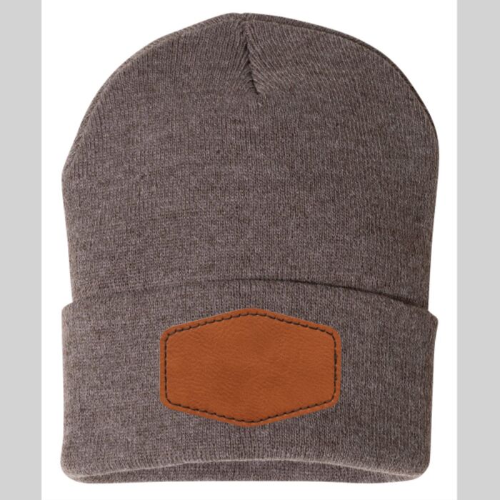 12" Solid Cuffed Beanie W/ Leather Patch Thumbnail